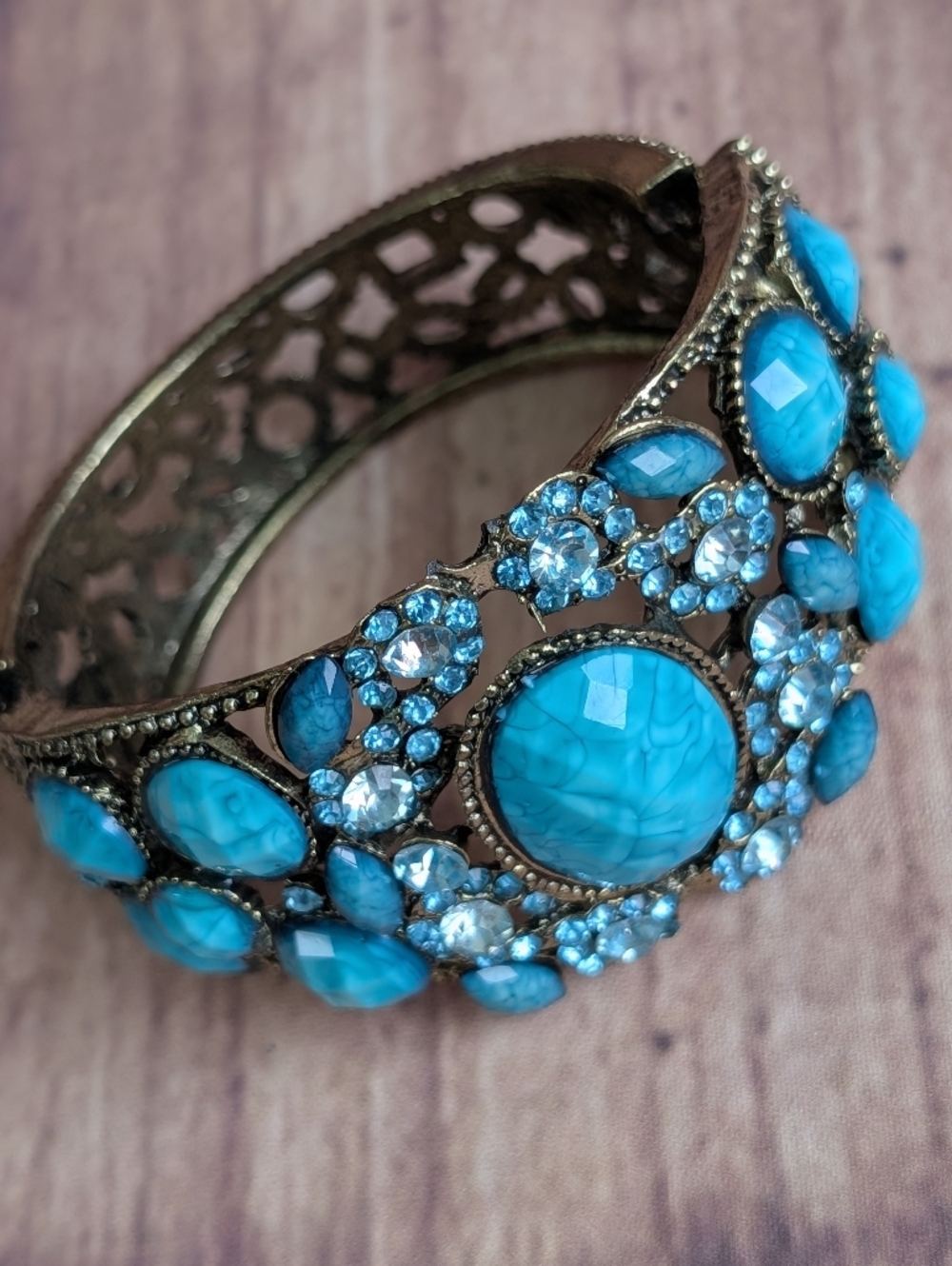 Vintage Blue Floral  Rhinestone Cuff Bracelet Statement Bracelet